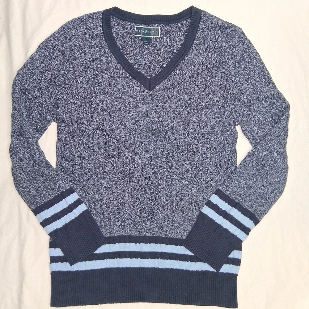 Karen Scott Blue Gray Heathered V Neck Long Sleeve‎ Sweater Size L